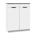 Artiss shoe cabinet 2-door high-gloss white body with dark top and cut-out drawer pulls on white bg