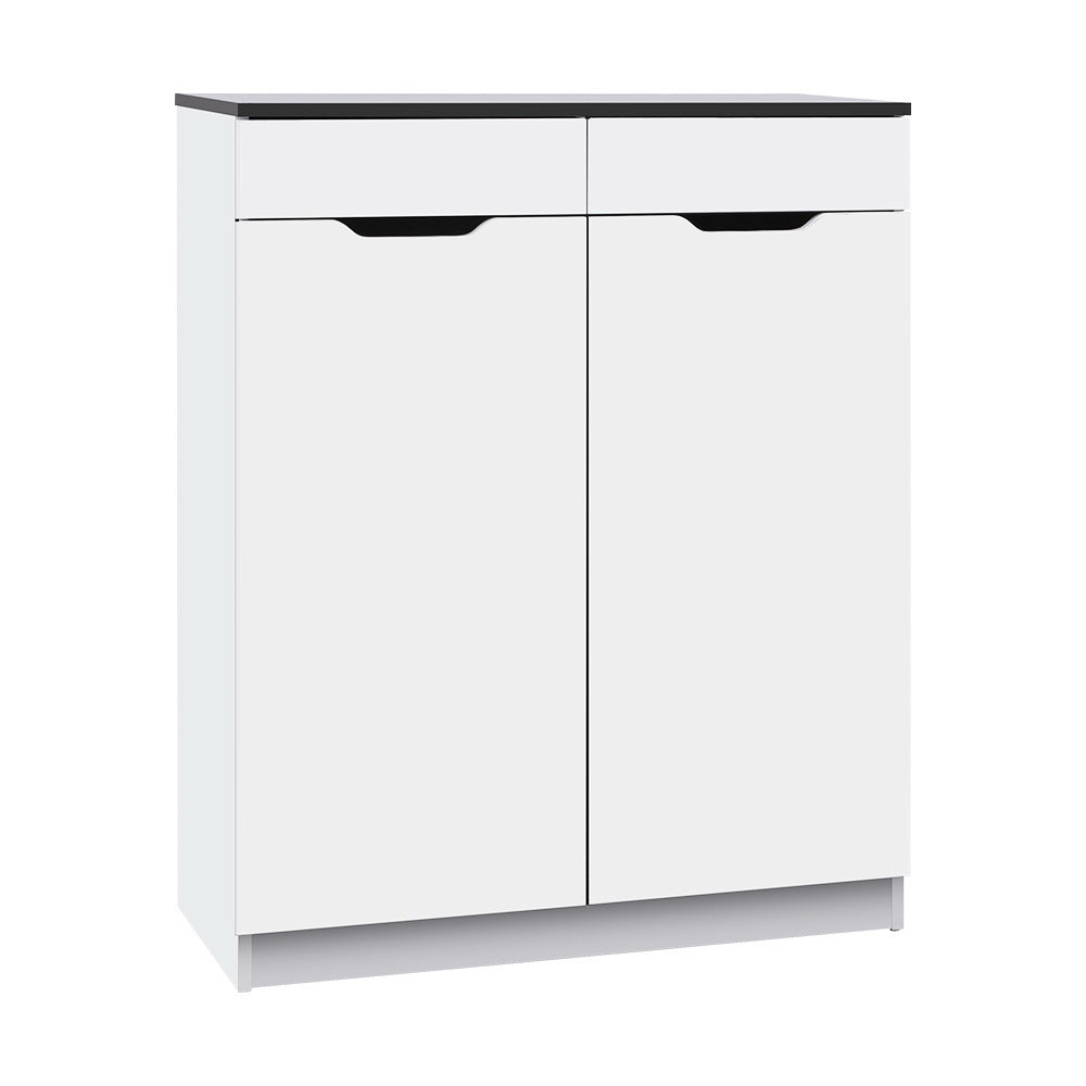 Artiss shoe cabinet 2-door high-gloss white body with dark top and cut-out drawer pulls on white bg