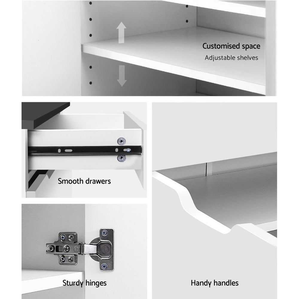 Artiss shoe cabinet four-panel feature detail showing adjustable shelves drawer slides hinges and handles