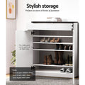 Artiss shoe cabinet interior view left door open showing 4 shelves with heels boots and text about adjustable panel