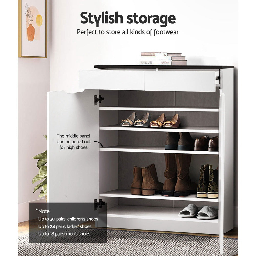 Artiss shoe cabinet interior view left door open showing 4 shelves with heels boots and text about adjustable panel