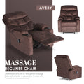 Avery brown fabric massage recliner in three views: reclined with cup holders and remote, front and side upright
