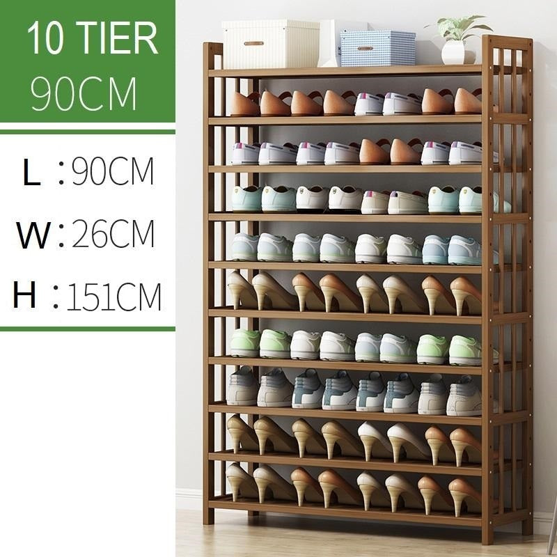 Bamboo 10-tier shoe rack infographic showing 90cm wide, 26cm deep, 151cm tall, fully loaded with shoes