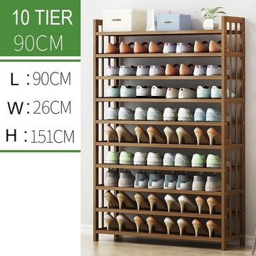 Bamboo 10-tier shoe rack infographic showing 90cm wide, 26cm deep, 151cm tall, fully loaded with shoes