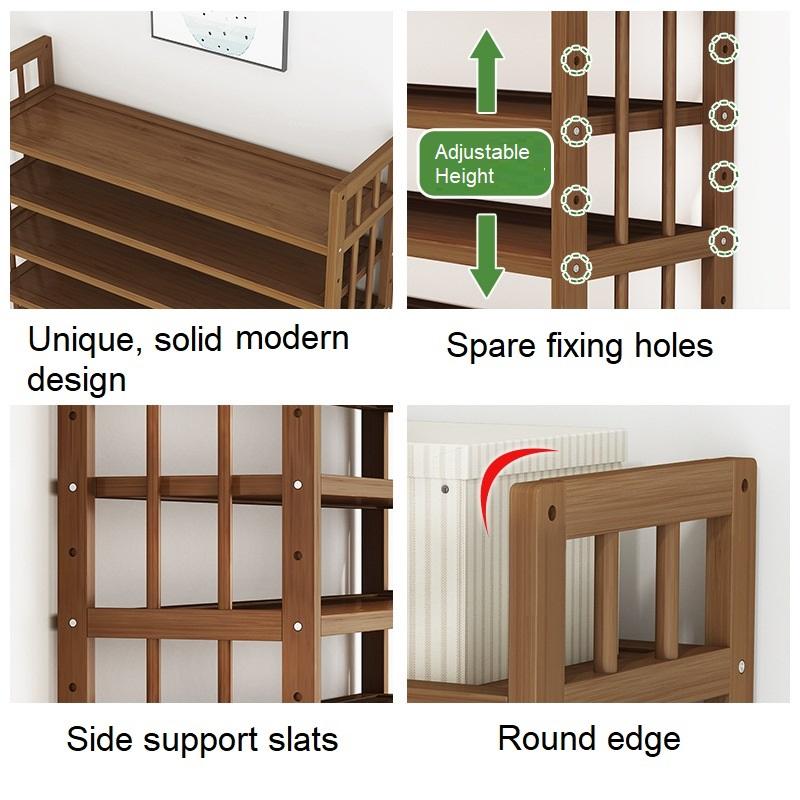 Bamboo 11-tier shoe rack 90cm wide loaded with shoes on all tiers showing dimensions L 90cm W 26cm H 174cm
