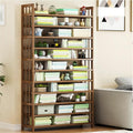 Bamboo 11-tier shoe rack used as bookshelf loaded with books and decorative items in living room beside sofa