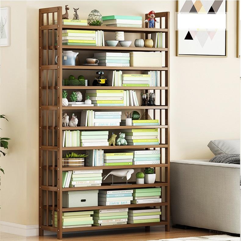 Bamboo 11-tier shoe rack used as bookshelf loaded with books and decorative items in living room beside sofa