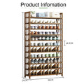 Bamboo 11-tier shoe rack product information showing 90cm width 26cm depth and 14.5cm shelf spacing loaded with shoes