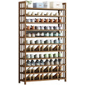 Bamboo 11-tier shoe rack 90cm fully loaded with heels sneakers and flats on all tiers with storage boxes on top