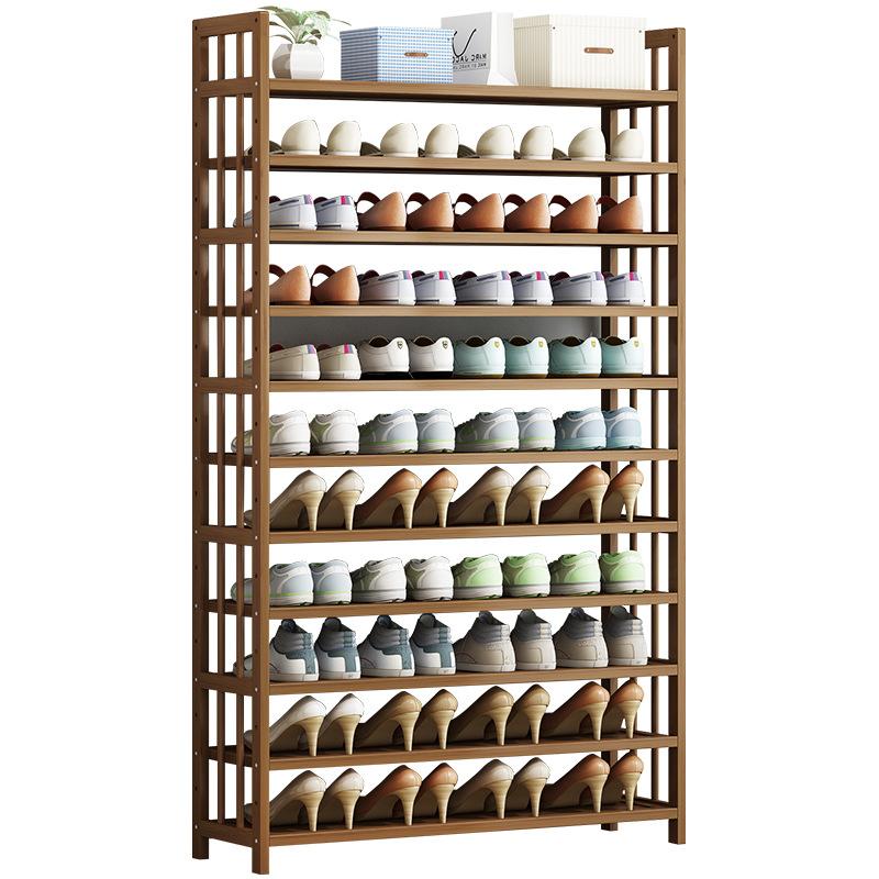 Bamboo 11-tier shoe rack 90cm fully loaded with heels sneakers and flats on all tiers with storage boxes on top