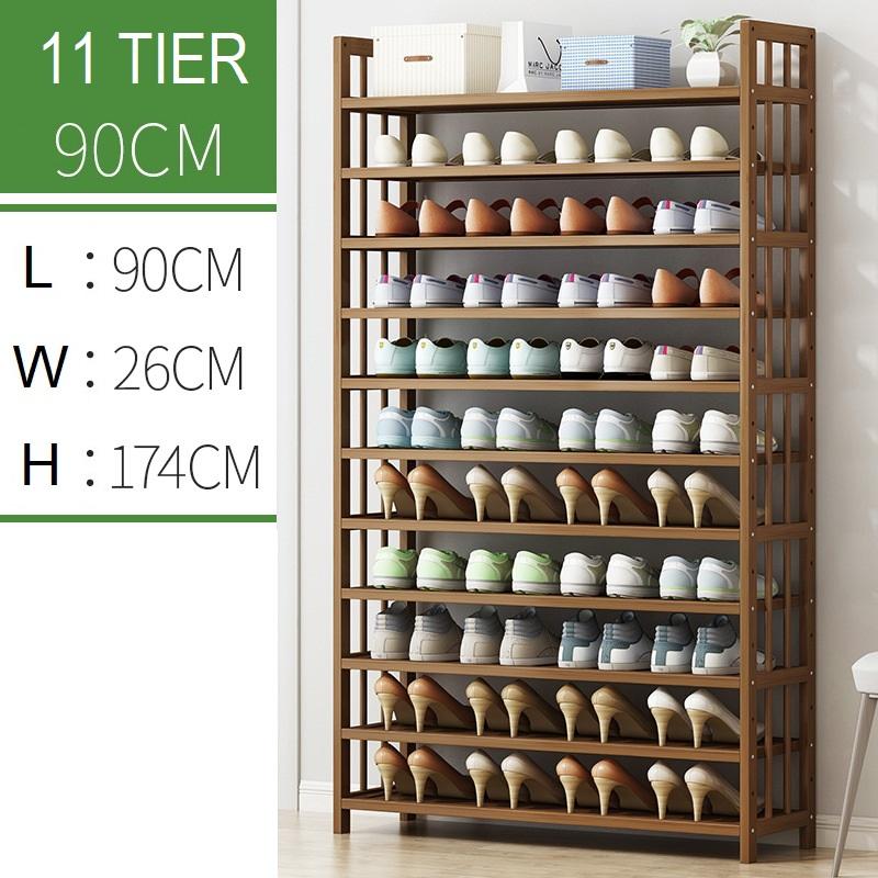 Bamboo 11-tier shoe rack 90cm wide loaded with shoes on all tiers showing dimensions L 90cm W 26cm H 174cm