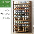 Bamboo 11-tier shoe rack 90cm wide loaded with shoes on all tiers showing dimensions L 90cm W 26cm H 174cm