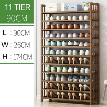 Bamboo 11-tier shoe rack 90cm wide loaded with shoes on all tiers showing dimensions L 90cm W 26cm H 174cm
