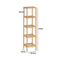 Bamboo 5-tier freestanding shelf dimensions diagram showing 143cm height, 35.5cm width and 33cm depth