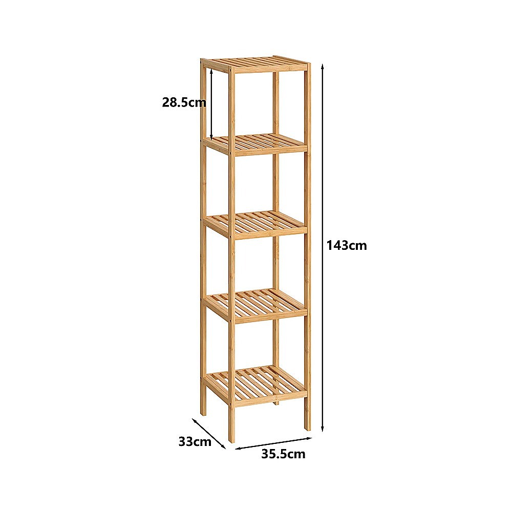 Bamboo 5-tier freestanding shelf dimensions diagram showing 143cm height, 35.5cm width and 33cm depth