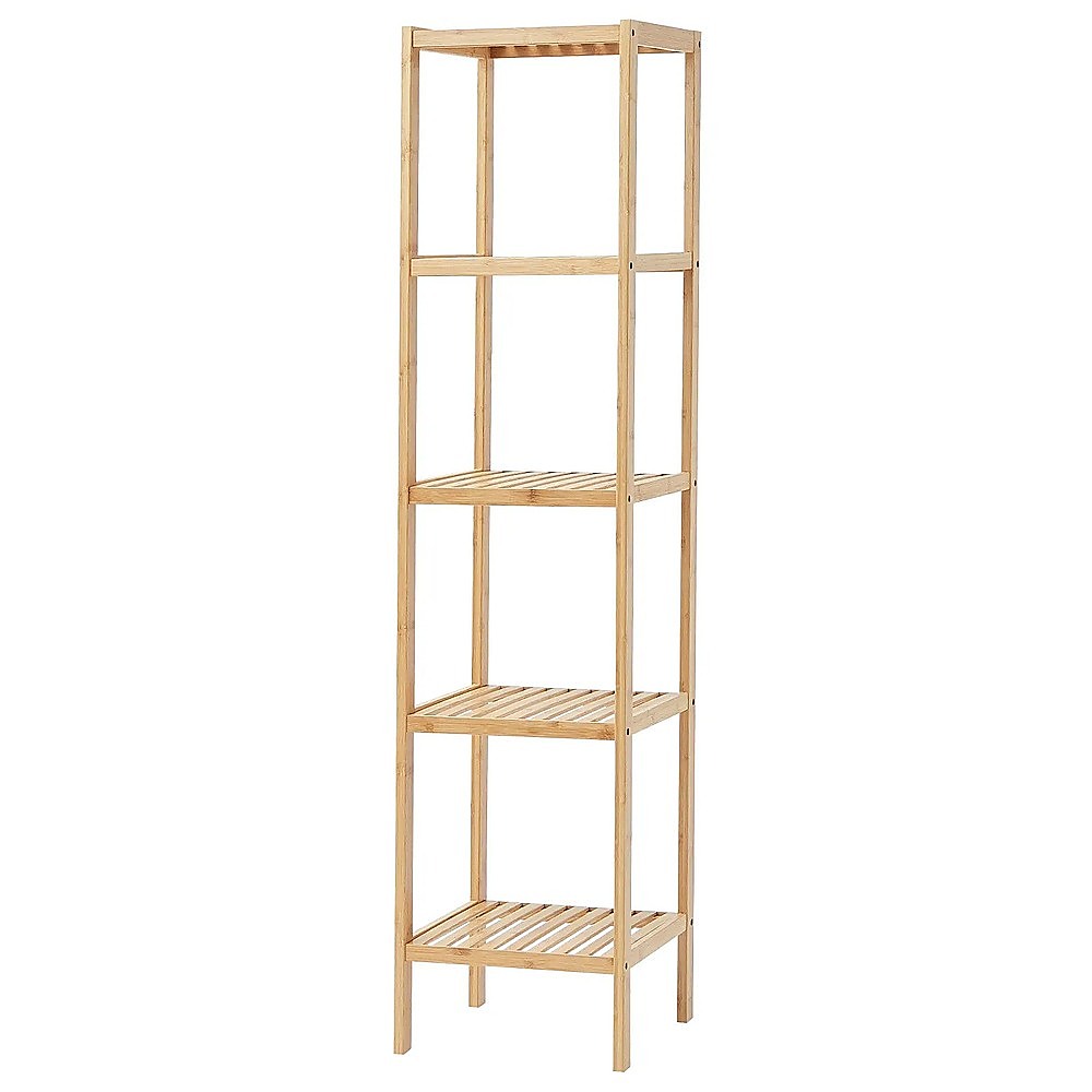 Bamboo 5-tier slim open shelving unit with slatted shelves and square frame, front view on white background