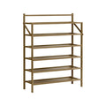 Natural bamboo 6-tier shoe rack with X-brace supports and top rail, empty on white background