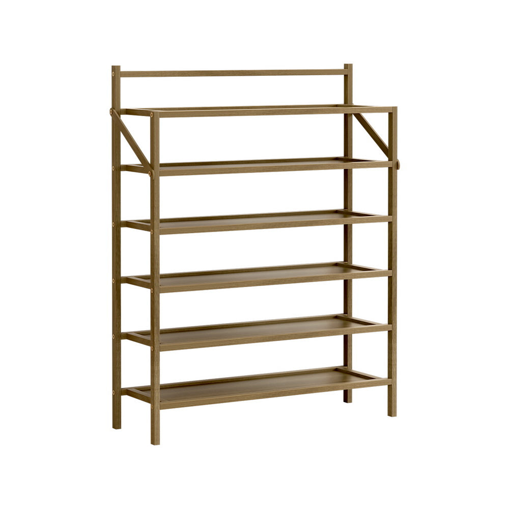 Natural bamboo 6-tier shoe rack with X-brace supports and top rail, empty on white background