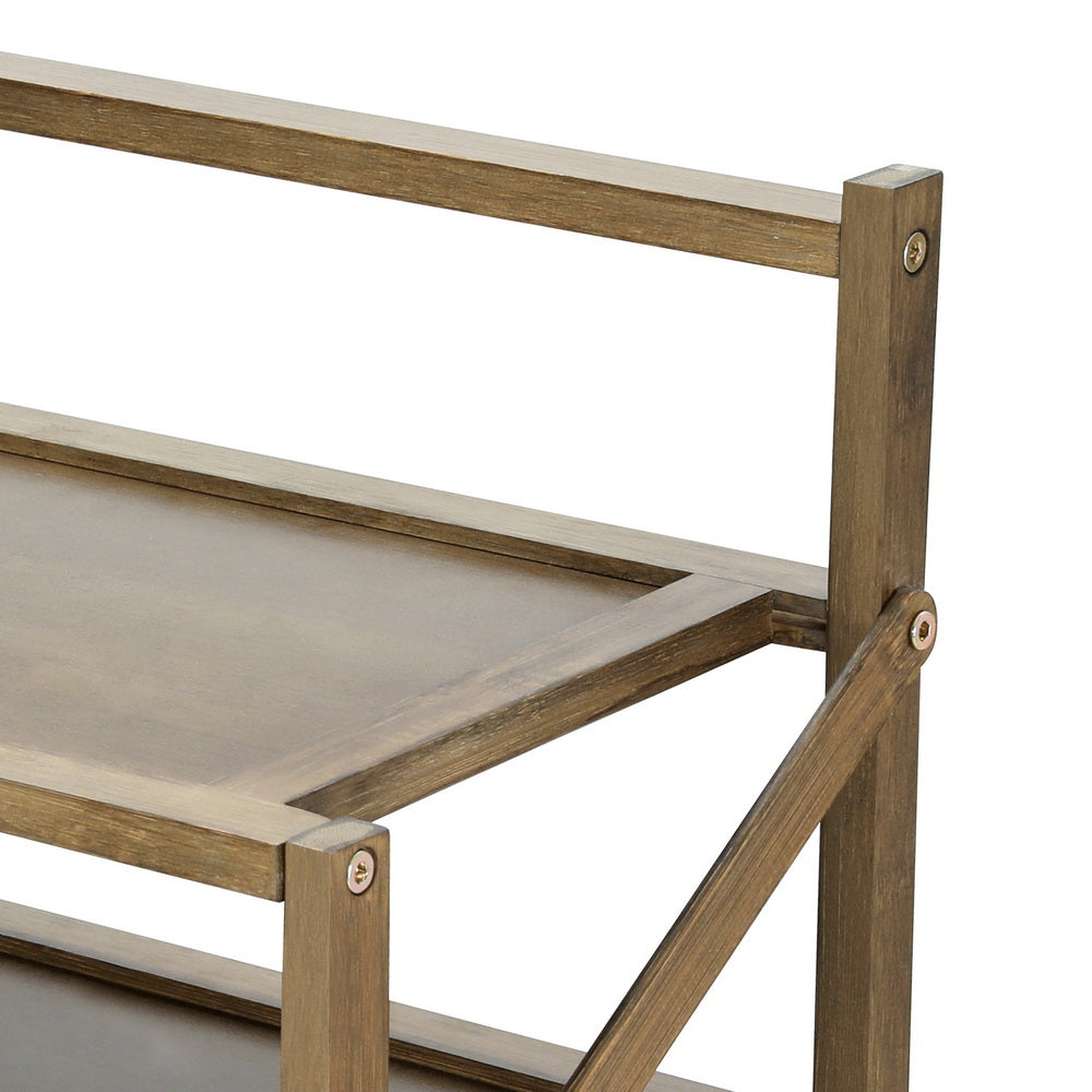 Close-up detail of natural bamboo shoe rack top corner showing shelf and rail joint with screws