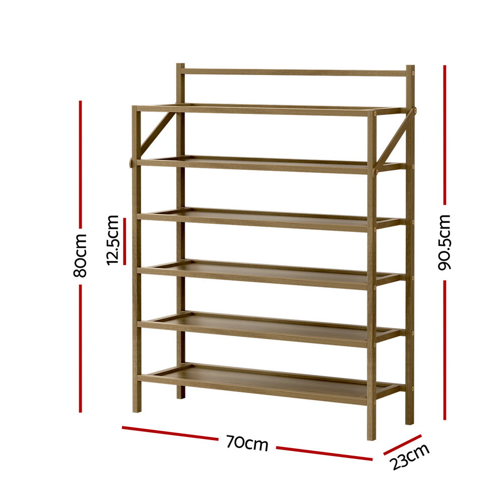 Natural bamboo 6-tier shoe rack dimensions: 70cm wide, 90.5cm tall, 23cm depth, 12.5cm shelf spacing