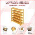 Natural bamboo 6-layer shoe rack infographic showing bamboo material, wood colour, 6 tiers, and easy assembly features