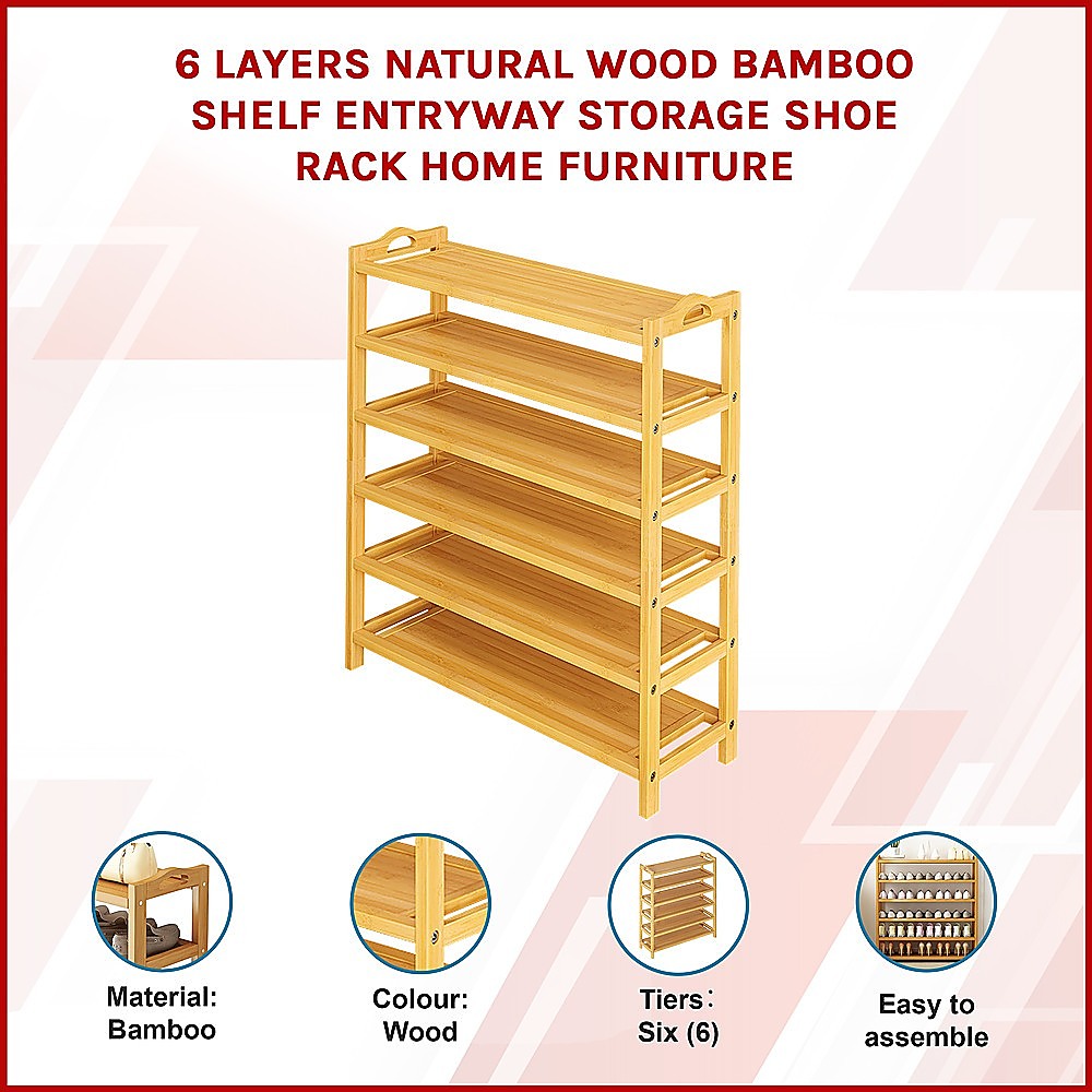 Natural bamboo 6-layer shoe rack infographic showing bamboo material, wood colour, 6 tiers, and easy assembly features