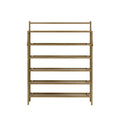 Natural bamboo 6-tier shoe rack with X-brace supports and cross-bar rail, empty, front view