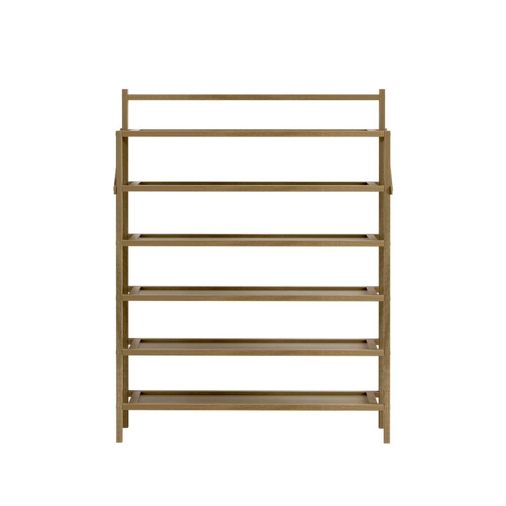 Natural bamboo 6-tier shoe rack with X-brace supports and cross-bar rail, empty, front view