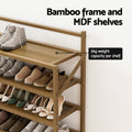 Close-up of bamboo shoe rack shelves with footwear and bamboo frame MDF shelves label, 5kg per shelf