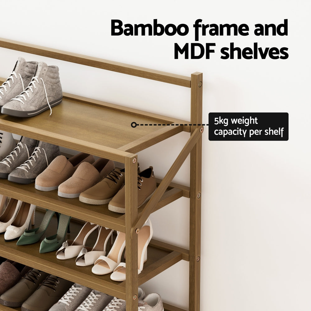 Close-up of bamboo shoe rack shelves with footwear and bamboo frame MDF shelves label, 5kg per shelf