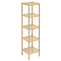 Bamboo 6-tier slim open shelving unit with slatted shelves and square frame, angle view on white background