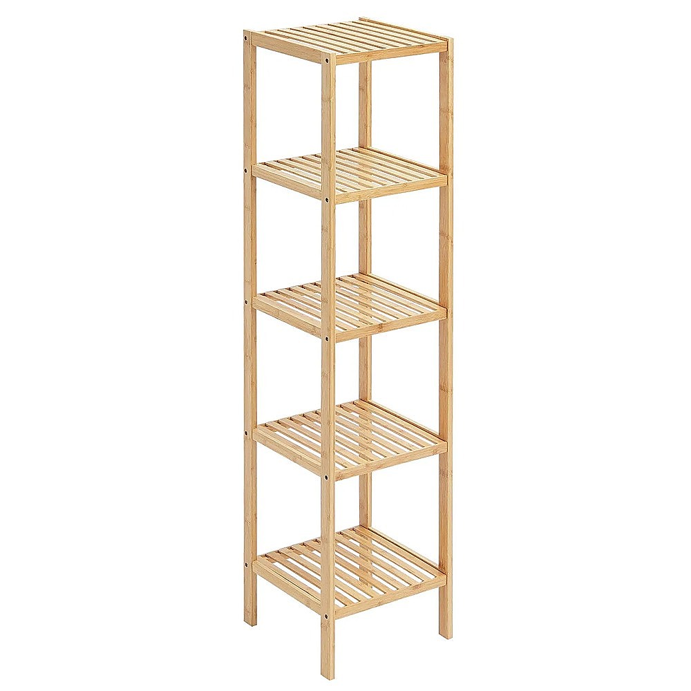 Bamboo 6-tier slim open shelving unit with slatted shelves and square frame, angle view on white background