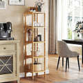 Tall narrow bamboo 6-tier slim shelving unit styled with kitchen items including kettle, mugs and utensils in dining area