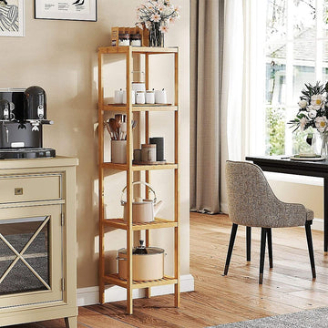 Tall narrow bamboo 6-tier slim shelving unit styled with kitchen items including kettle, mugs and utensils in dining area
