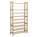 Natural bamboo 9-tier shoe rack with slatted shelves and crosshatch side panels angle view on white background