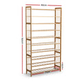 Natural bamboo 9-tier shoe rack dimensions 80cm wide 150cm tall 25cm deep with 14cm foot height on white background