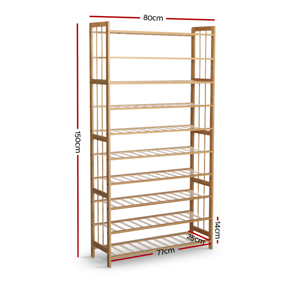 Natural bamboo 9-tier shoe rack dimensions 80cm wide 150cm tall 25cm deep with 14cm foot height on white background