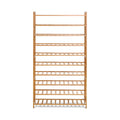 Natural bamboo 9-tier shoe rack with slatted shelves and ladder-style side frames front view on white background