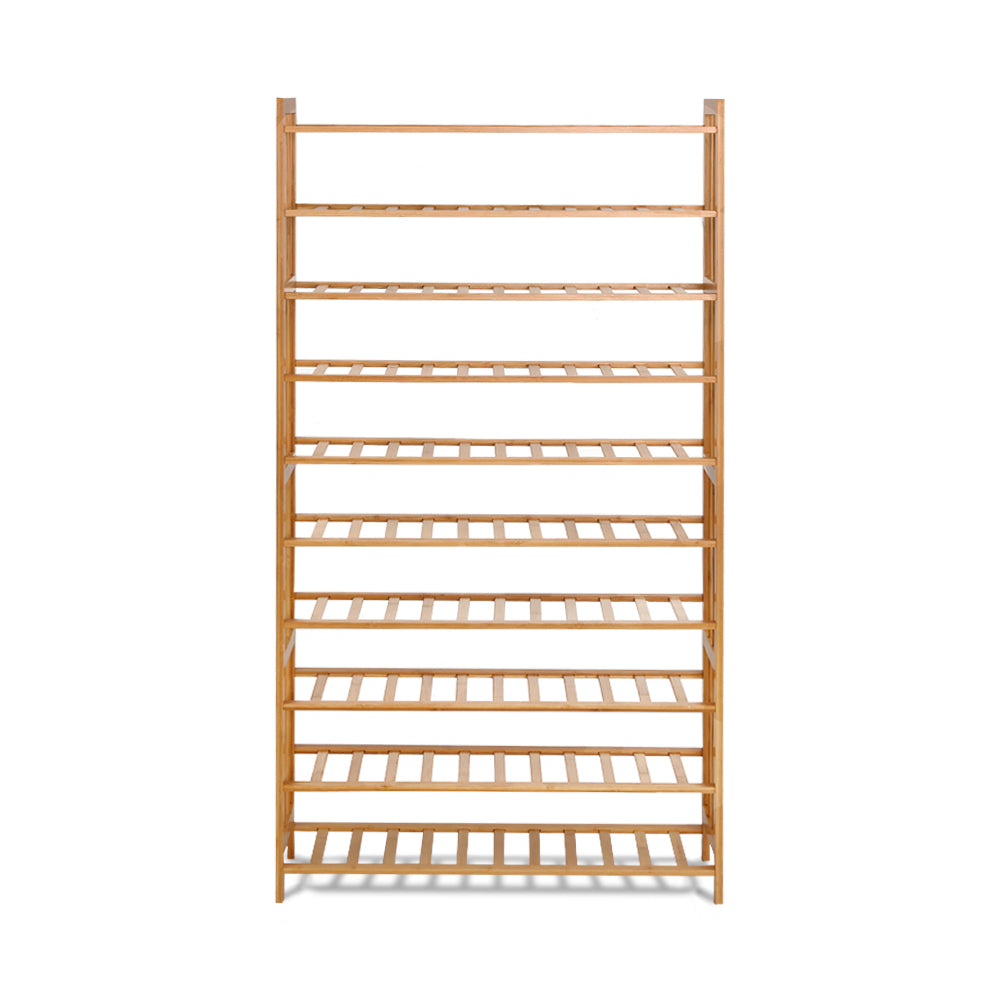 Natural bamboo 9-tier shoe rack with slatted shelves and ladder-style side frames front view on white background