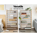Bamboo 9-tier shoe rack shown in bedroom with blankets and accessories and in living room with books and plants versatile use