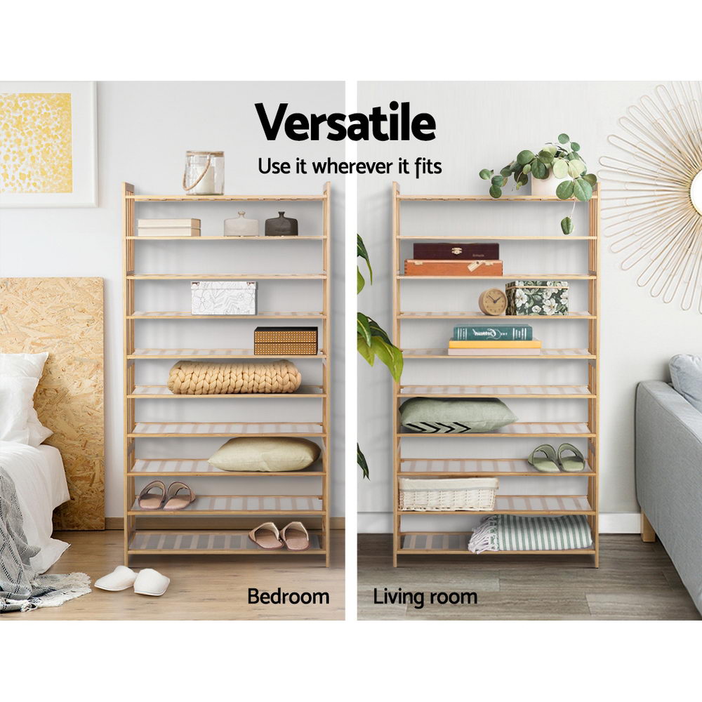 Bamboo 9-tier shoe rack shown in bedroom with blankets and accessories and in living room with books and plants versatile use