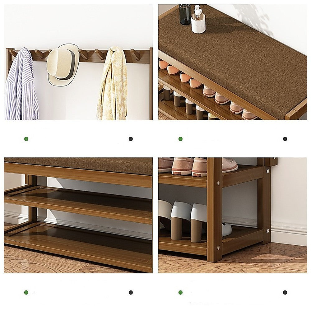Four detail panels showing coat hooks in use, cushioned bench seat, empty bamboo shelves, and shoes stored on lower tiers