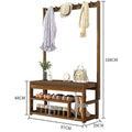 Bamboo coat rack dimensions: 168cm tall, 97cm wide, 29cm deep, bench 48cm, shelf spacing 19cm and 39cm