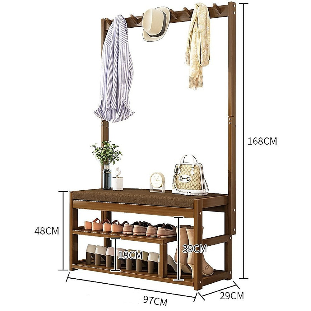 Bamboo coat rack dimensions: 168cm tall, 97cm wide, 29cm deep, bench 48cm, shelf spacing 19cm and 39cm