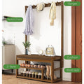 Feature callouts: bamboo frame, hanger hooks, cushion seat, 2-layer shoe shelf and boot rack, in entryway setting
