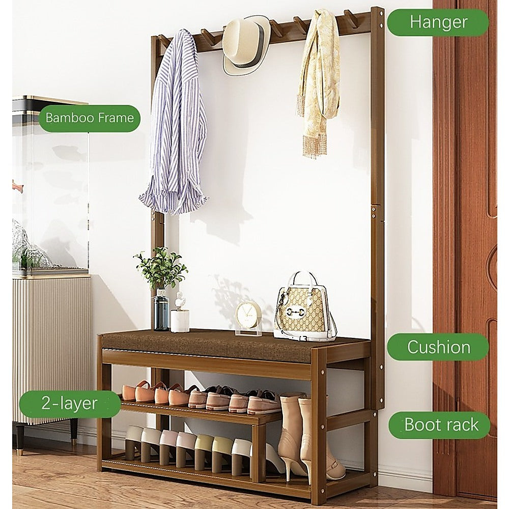 Feature callouts: bamboo frame, hanger hooks, cushion seat, 2-layer shoe shelf and boot rack, in entryway setting