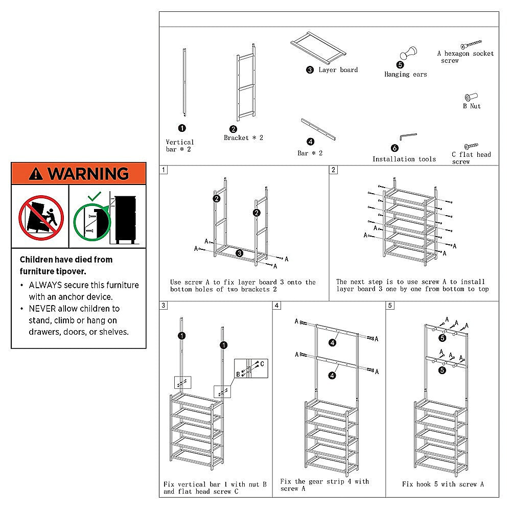 Bamboo hall stand assembly instructions showing parts list and five-step illustrated guide