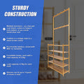 Bamboo hall stand sturdy construction infographic listing 8 hooks at 2.5kg, 5kg shelf capacity, fits 14 pairs