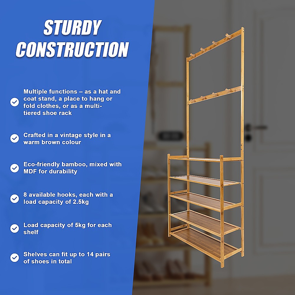 Bamboo hall stand sturdy construction infographic listing 8 hooks at 2.5kg, 5kg shelf capacity, fits 14 pairs