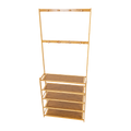 Bamboo hall stand with coat hooks and five-tier shoe rack showing darker-toned MDF shelf surfaces